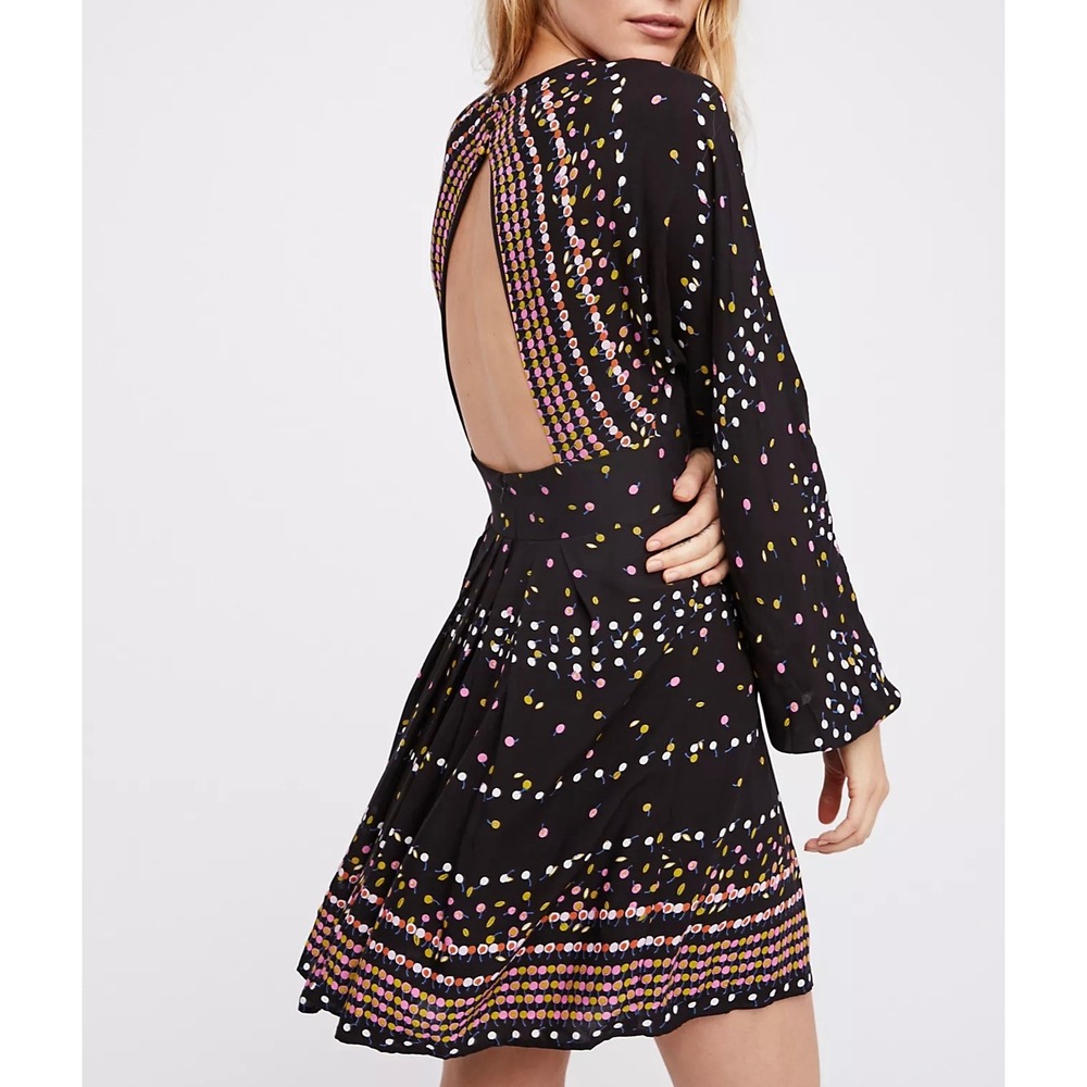 Free People Mini Dress Coryn Long Sleeve Boho Black Combo Size 6 - Picture 2 of 12